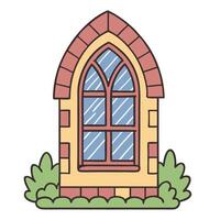 Arched stained glass window with brick frame and bushes in simple vector