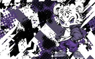 Grunge background with cartoon white tiger object vector