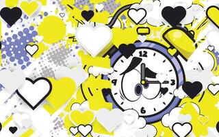 Trendy popart background with cartoon alarm clock object vector