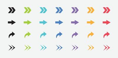 Colorful arrows set. Curved arrows. Arrow sign. Curved arrow pointing right. Black, blue, green and red arrow. vector