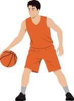 A young male basketball player in an orange jersey dribbling a basketball in a dynamic flat illustration vector
