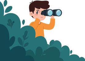 Young boy peering through binoculars while hidden in lush greenery, flat illustration showcasing curiosity and adventure in a playful setting, art vector