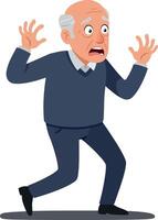 An elderly man with a shocked expression in a minimal flat design style, appearing frightened while standing with raised hands in art vector