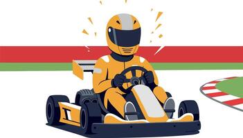 Go-kart racer in a vibrant yellow suit expertly navigating a racetrack in a dynamic and modern flat illustration vector