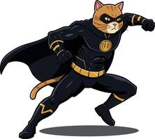 A heroic cat in a sleek black superhero costume striking a dynamic pose with a flowing cape in a flat illustration vector