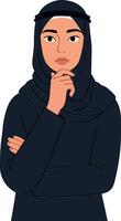 Thoughtful woman in a black hijab posing with her hand on her chin in a minimal flat illustration vector