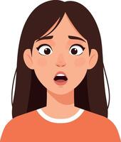 Surprised young woman with long brown hair and expressive eyes in a minimal flat design illustration showing astonishment and curiosity in a vibrant setting art vector