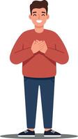Cheerful young man with a warm smile wearing a red sweater and blue pants in a flat design illustration vector