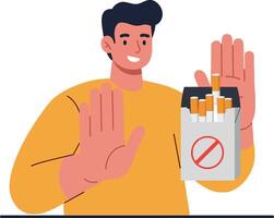A young man confidently rejecting smoking with a pack of cigarettes in one hand and a determined expression in a minimal illustration vector