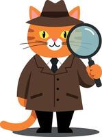 A charming orange cat detective in a brown trench coat and fedora holding a magnifying glass in a playful minimal illustration vector