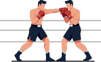 Two male boxers engaged in a dynamic match inside a boxing ring, showcasing a flat design style, emphasizing athleticism and competition in illustration vector