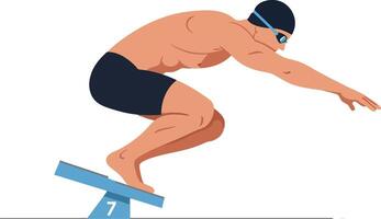 Male swimmer poised for a dive from starting block in minimal flat illustration, showcasing focus and athleticism in a competitive setting art vector