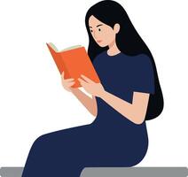 Young woman sitting on a flat surface, absorbed in reading an orange book, in a minimal and modern design style, illustration vector