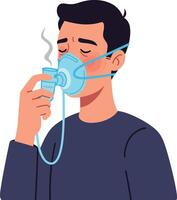 A man wearing a blue respiratory mask while inhaling steam in a cozy indoor setting, showcasing a flat design style in art vector