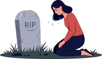 A woman kneeling beside a gravestone with tears in her eyes, conveying deep sorrow in flat art vector