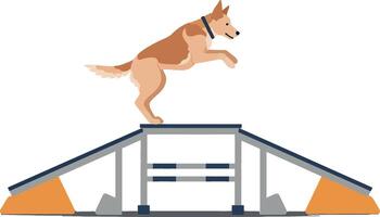 A playful dog jumping over an agility ramp in a flat, minimal design style showcasing excitement and athleticism in art vector