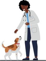 A veterinarian in a white coat interacts warmly with a friendly dog, showcasing a flat design style in colorful art vector
