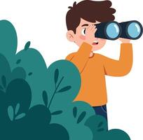 A young boy observing nature with binoculars while hidden behind vibrant green bushes in a playful flat illustration vector