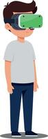 A young boy exploring virtual worlds with a green VR headset in a flat, minimal design illustration vector