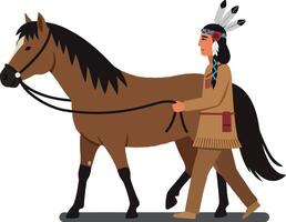 Native American man in traditional attire walking a brown horse in a serene setting, featuring flat design elements, art vector
