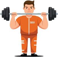 Strong man in orange jumpsuit lifting weights in a determined pose, showcasing muscular build and focus, in flat art style vector