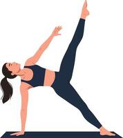 Dynamic woman performing a yoga pose on a mat showcasing flexibility and strength in a minimal flat design art vector