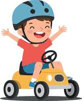 Happy child riding a yellow toy car wearing a blue helmet in a playful and vibrant flat illustration vector