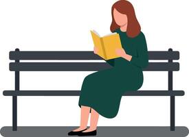 Woman sitting on a park bench reading a book in a minimal, flat design style illustration vector