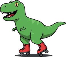 Green cartoon dinosaur wearing red roller skates joyfully skating on a smooth surface in a playful and whimsical illustration vector