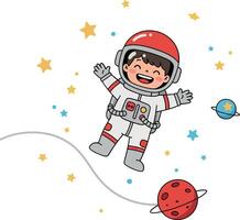 A joyful child astronaut floating in space wearing a red helmet and silver suit, surrounded by colorful planets and stars in a cheerful flat illustration vector