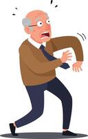 An elderly man with glasses in a brown sweater expressing surprise while looking at his watch in a flat illustration vector