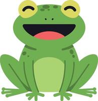 Happy green frog character with large eyes and a wide smile in a flat design, featuring playful colors, joyful expression, and vibrant art vector