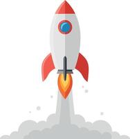 Rocket launching into the sky with bright flames and smoke in a flat design style, representing adventure and innovation in art vector