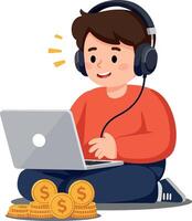 Happy boy sitting on the floor with headphones, joyfully working on a laptop surrounded by coins, flat illustration vector