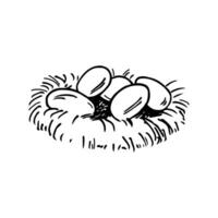 Engraved illustration Nest with chicken Eggs on isolated background. Concept for Easter holiday and egg production, food. Design element for card, logo, sign, label, flyer, print, paper vector