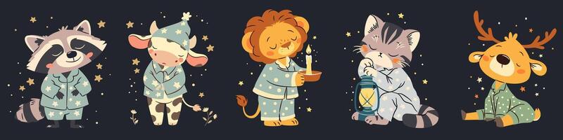 A set of cute flat illustrations in a simple childish style. Cute sleepy animals in pajamas with lamps and candles. Raccoon cow kitten deer and lion on dark background with stars vector