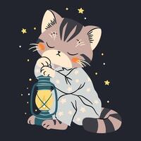 Flat illustration in a simple children's style. Cute sleepy kitten in pajamas sitting with a lantern, dark background and stars vector