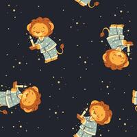 Seamless pattern in a simple childish style. Cute lion cub in pajamas holding a candle, dark background and stars vector