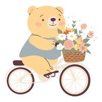 Flat illustration in a simple children's style. Cute bear cub riding a bicycle with a bouquet of flowers in the trunk, cheerful spring illustration. vector