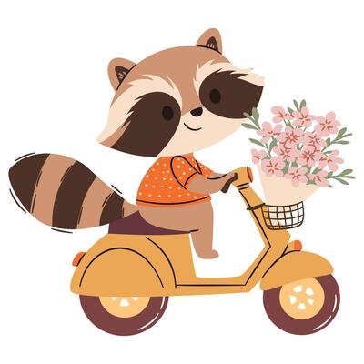 Flat illustration in a simple children's style. Cute raccoon on scooter with bouquet of flowers in trunk, cheerful spring illustration