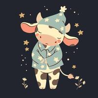 Flat illustration in a simple children's style. Cute sleepy calf in pajamas on dark background with stars vector