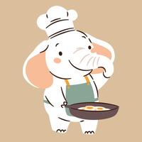 Flat illustration in a simple children's style. Cute elephant in a chef costume holding a frying pan with scrambled eggs vector