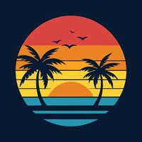 retro style palm trees and sunset on a blue background vector
