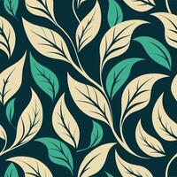 a pattern with green leaves on a dark blue background vector