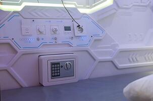 Futuristic capsule hotel interior in the airport photo