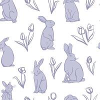 Hand drawn different rabbits and tulips on white background seamless pattern. Design for textile, fabric, wrapping paper, gift paper, Easter decoration vector