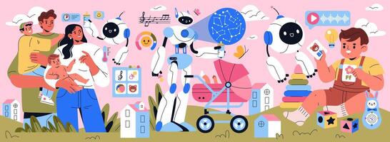 Innovative Parenting Exploring the Future of Family Life with Advanced Robots and Technology vector