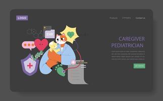 An illustration of a pediatrician caregiver improving child healthcare in a compassionate setting vector
