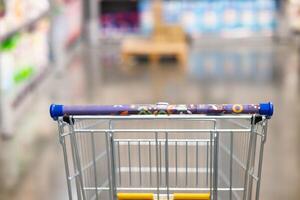 Abstract blurry photo of a supermarke with an empty shopping cart concept.