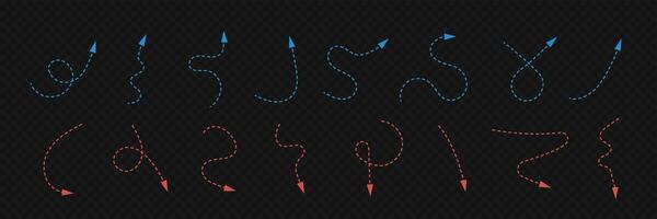 Neon Dashed Arrows red and blue colors. Set of curvy direction elements. Infographic signs on black vector